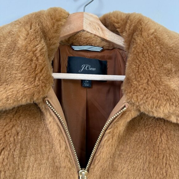 J. Crew Faux Fur Full Zip Bomber Jacket Womens 2X Cognac Preppy Designer Outdoor - Picture 8 of 15